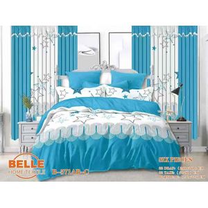 Belle Parure de lit 6 pièces B-571AB-C motif étoiles bleu turquoise, 2 draps 240×260cm + 2 taies 60×80cm + 2 rideaux 150×220cm, tissu microfibre décoration chambre complète