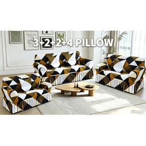 Mika Ensemble housse de canapé déco extensible 3+2+2+4 coussins, design géométrique rétro caramel noir crème, housse à volant pour salon au style terreux