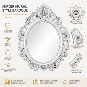 Miroir Mural Baroque Ovale – Cadre Sculpté Vintage de Luxe – Décoration Élégante pour Salon, Chambre, Entrée et Salle de Bain