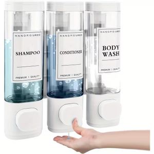 Trois distributeurs de shampoing muraux de 300 ml, sans perçage, adaptés aux murs des salles de douche et à une utilisation dans les salles de bains/hôtels.