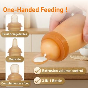 Bouteille multifonctionnelle 3-en-1 de complément alimentaire, bouteilles à presser, cuillère en silicone, nourrisseur de fruits, anneau de dentition pour bébé, formateur d'alimentation complémentaire 90 ml