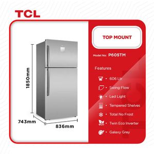 TCL Refrigerateur - P605TM - 605L (445L + 160L) - Gris Fonce - 220-240V - Multi Flux D'Air