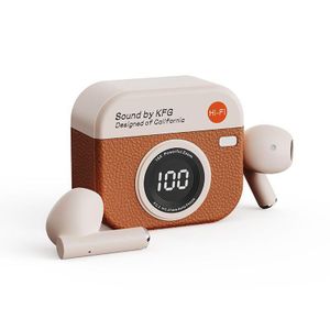 Litglobe Écouteurs Bluetooth sans fil de style appareil photo rétro, écouteurs semi-intra-auriculaires à réduction de bruit, adaptés au sport et au fitness, avec affichage numérique, similicuir et design Hi-Fi.