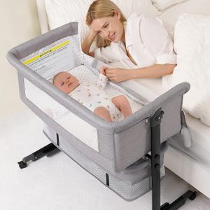 Berceau 3-en-1 et cododo – Hauteur réglable, mode bascule, maille respirante, panier de rangement, roulettes – Montage et pliage faciles (Gris)