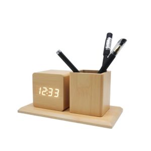 Horloge Numérique en Bois avec Pot à Crayons – Organisateur de Bureau