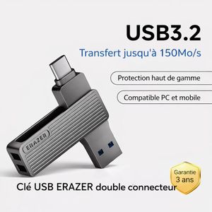 Erazer Clé USB 2-en-1 64Go - USB-C & USB-A - USB 3.2 Haute Vitesse 150Mo/s - Métal - Anti Choc