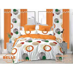 Belle Parure de lit 6 pièces B-027AB-C motif cercles géométriques orange, 2 draps 240×260cm + 2 taies 60×80cm + 2 rideaux 150×220cm, tissu microfibre doux pour chambre complète
