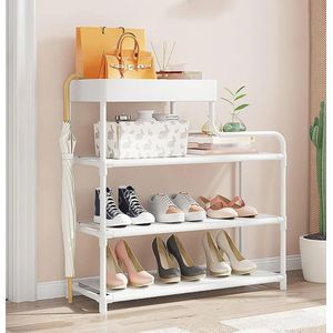 Étagère à Chaussures Design en L (4 Niveaux + 1 Plateau Sacs - 60x30x85cm) – Support Acier Renforcé Blanc