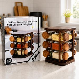 Organisateur à Épices Rotatif 360° – 12 Pots en Verre avec Couvercles en Bois – Support à Épices Compact et Élégant – Rangement Cuisine pour Épices et Condiments