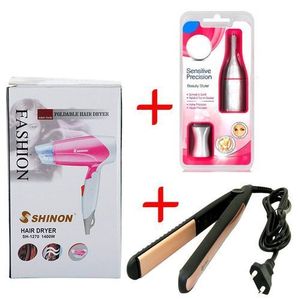 Pack 3 En 1 Sèche Cheveux Pliant + Fer à Lisser + Rasoir épilateur-Rose/blanc-or/noir