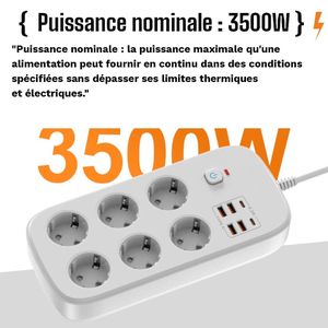 Multiprise parafoudre - surtension 6 Trous 4 port USB et 2 Trous type C Parafoudre Blanc