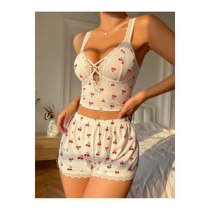 Bella Notte Ensemble Pyjama Haut Et Short En Dentelle à Motif Cerises Avec Nœud Sur Le Devant - Blanc