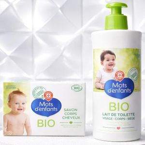 Duo : Lait Corps Hydratant 250ml + Savon 100g Bio Bébé MOTS D'ENFANTS Extrait l'aloé Vera Peaux sensibles Importé De France 