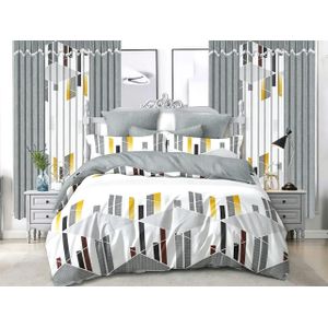 Belle Parure de Lit 3 Places 6 PiècesDraps de Lit 3 places, 2 Draps-240×260cm 2 taies-60×80cm 2 Rideaux-150×220cm - BLANC GRIS
