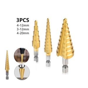 (3 Pièces Ensembles De 3-12mm 4-12mm 4-20mm) HSS Rainure Droite Étape Foret Titane Enduit Bois Métal Coupeur De Trou De Forage--
