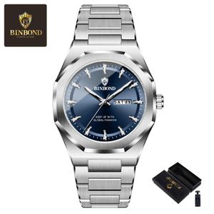 BINBOND Montre homme acier inoxydable argenté quartz décontractée professionnelle - Aiguilles lumineuses, étanche 30 mètres, jour et date