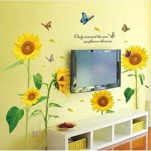 Fleurs De Tournesol Et Papillons Autocollant Mural Vinyle - Jaune / Vert