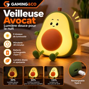 Veilleuse LED Tactile Avocat Mignon en Silicone - Lampe de Chevet Rechargeable USB avec Support Téléphone Intégré