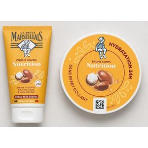 Duo : Baume Corps Hydratant Nutrition 300ml + Crème Main Hydratant Nutrition 75ml LE PETIT MARSEILLAIS Au Beurre De Karité Amande Douce et Huile D'argan Peaux Très Sèches Importé De France 