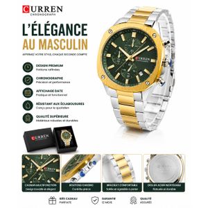 Article CURREN – Montre Homme Chronographe Multifonction – Bracelet Acier Inoxydable – Vert/Or – Quartz