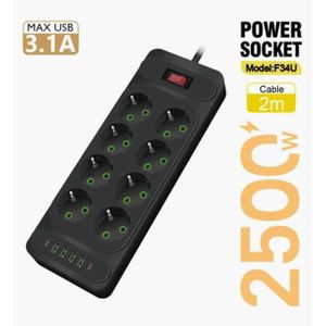 Multiprise 2500W - 8 Prises Universelles - Ports USB 3.1A + 2 Ports Type-C - Protection Surcharge - Noir