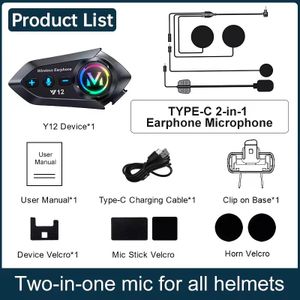 Casque moto Y12 à double micro, kit de communication sans fil avec écouteurs, haut-parleur MP3 étanche pour lecture musicale, écouteurs