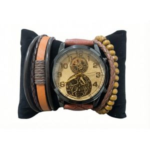 Coffret Homme Vintage - Montre Squelette & Bracelets - Marron