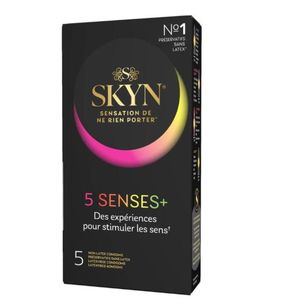 SKYN 5 Senses + : Boite de 5 Préservatifs masculins sans latex, matière Skynfeel, 1x Intensément Perlé, 2x Saveur Cocktail, 1x Elite (Ultra Fin), 1X Chauffant pour stimuler les sens