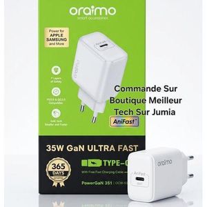 Oraimo Chargeur Ultra Rapide 35W PowerGaN 351 Type-C Tech OCW-5351ECC nologie Puce GaN & AniFast - Large Compatilité  BLANC