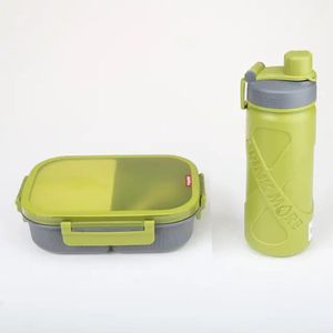 Set Lunch Box Étanche et Gourde Assortie "Drink More" – Kit Repas Vert & Gris