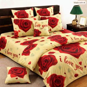 Parure de Lit Romantique "Roses & I Love You" - 1 drap simple +2 taires 100% coton confort + 