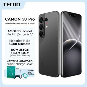 Tecno Camon 50 Pro - 6,78 " -  AMOLED incurvé - 4G - G200 Ultimate - 16Go(8+8) RAM - 256Go ROM - 32MP/50MP/50MP - 6150 mAh - Super Charge 45W - NOIR