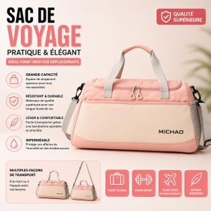 Sac de Voyage Grande Capacité MICHAO Rose – Sac de Sport avec Bandoulière Ajustable, Léger et Résistant