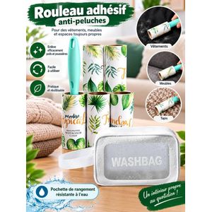 Lot de rouleaux adhésifs anti-peluches et anti-poils avec poignée et trousse de rangement