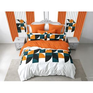 Belle Parure de Lit 3 Places 6 PiècesDraps de Lit 3 places, 2 Draps-240×260cm 2 taies-60×80cm 2 Rideaux-150×220cm - orange-blanc-vert