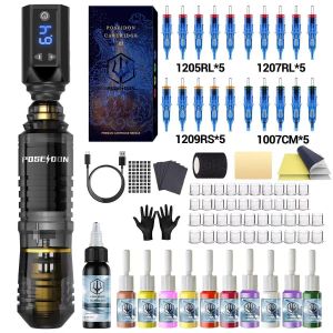 Poseidon Professional Tattoo machine Kit - Tattoo Pen with 1500mAh Wireless Power Supply and 20Pcs Tattoo Needles for Beginners and Artists