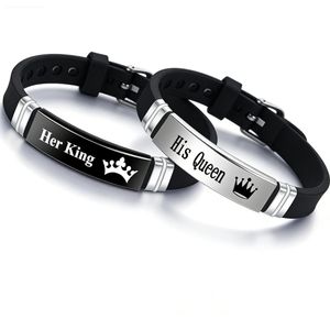 Bracelets assortis en acier inoxydable noir pour couples, bracelets ajustables en silicone pour hommes et femmes – lot de 2 pièces