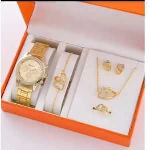 Ensemble de montre tendance pour femme, 5 pièces, montre à quartz de luxe bague, collier, boucle d'oreilles