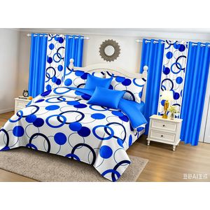 Belle Parure de Lit 3 Places 6 Pièces 260x240cm - Microfibre Douce - 2 Draps + 2 Taies 80x60cm +2 Rideaux 150x220cm- Motif Cercles Bleu Blanc