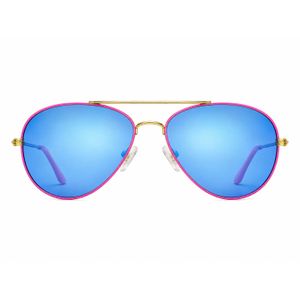 Lunettes de Soleil Enfant 5 à 8 Ans + Etuis Offert  – Style Aviateur, Monture Dorée et Rose, Verres Bleus