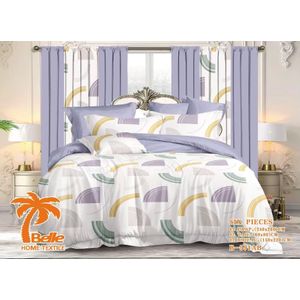 Belle Parure de lit 6 pièces B-591AB motif demi-cercles géométriques tons morandi lilas vert or, 2 draps 240×260cm + 2 taies 60×80cm + 2 rideaux 150×220cm, microfibre déco chambre minimaliste