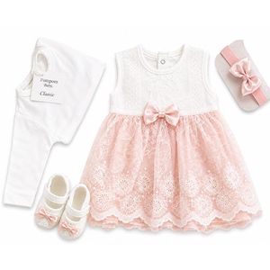 Coffret baptême fillette – Blanc avec couleur (Robe, barboteuse, chaussures & barrette) - Saumon