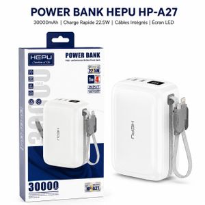 Article  Power Bank HEPU HP-A27 30000mAh – Charge Rapide 22.5W – Écran LED – Câbles Intégrés