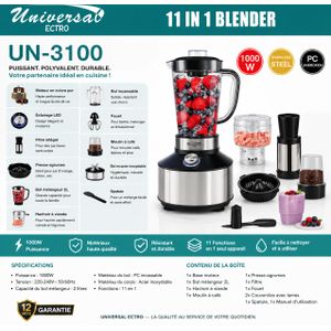 Mixeur Blender Universal 11 en 1 – 1000W – Bol Incassable – Acier Inoxydable