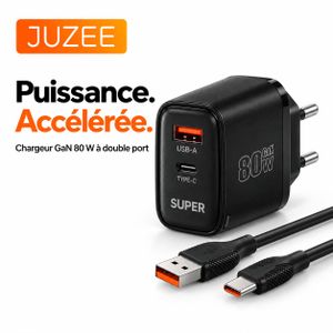 Chargeur 80W mural rapide 2 ports USB A/USB C Européen, Adaptateur de voyage Européen USB-A/Type C