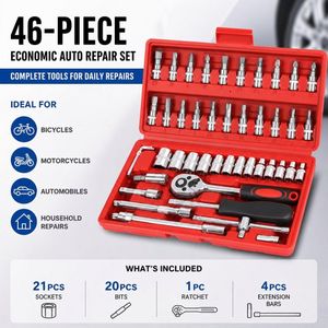 Coffret de 46 pièces douilles et clés à cliquet pour réparation automobile – Rouge
