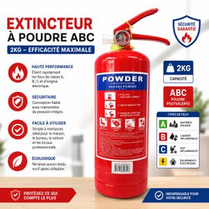 Extincteur à Poudre ABC 2 Kg – Polyvalent avec Manomètre – Pour Maison, Bureau, Voiture