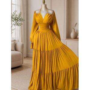 Mode Robe Longue Élégante Jaune Moutarde à Manches Longues