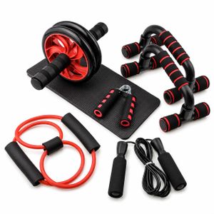 Set fitness maison 6‑en‑1 : roue abdominale, barres de pompage, bande de résistance, corde à sauter, poignée de musculation, tapis de genou pour entraînement corporel comple