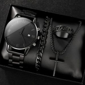 Genetic 4PCS Ensemble de Montres pour Homme Noir - Montre Calendrier en Titane et Acier - Bague, Bracelet et Collier Noir - Collier Croix - Ensemble Anti-Fade pour Usage Quotidien, Affaires et Loisirs